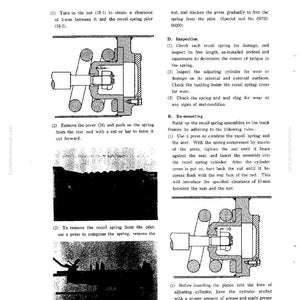 May include: Diagram of a vehicle's undercarriage, detailing the recoil spring assembly. The image includes technical illustrations with labels and instructions for disassembly, inspection, and re-mounting of the spring components. Measurements are in millimeters.