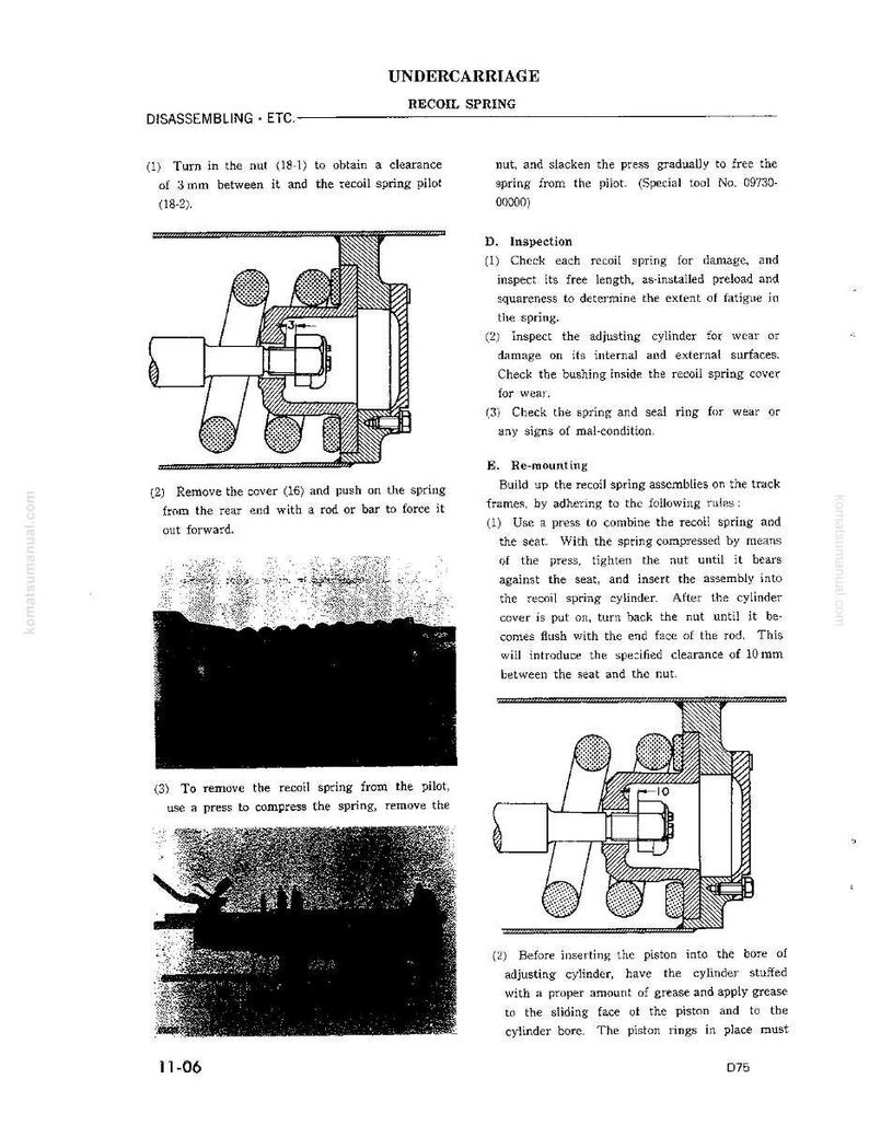 May include: Diagram of a vehicle's undercarriage, detailing the recoil spring assembly. The image includes technical illustrations with labels and instructions for disassembly, inspection, and re-mounting of the spring components. Measurements are in millimeters.