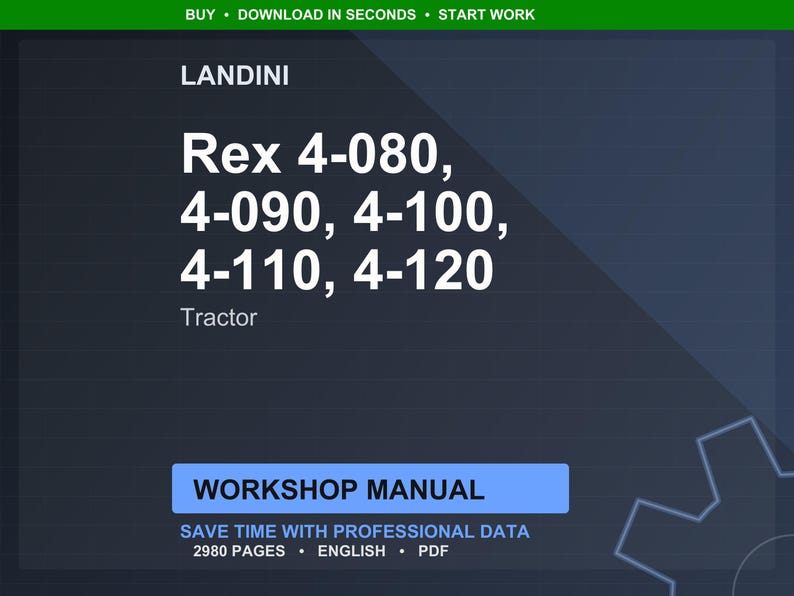 May include: A dark blue graphic with white text. The text reads "LANDINI" at the top, followed by "Rex 4-080, 4-090, 4-100, 4-110, 4-120 Tractor." Below is a blue rectangle with "WORKSHOP MANUAL" and other details.