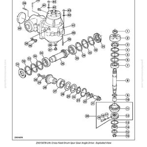 May include: An exploded view diagram of a Cross Feed Drum Spur Gear Angle Drive, with various mechanical components labeled with numbers. The diagram is in black and white, with text at the top and bottom.