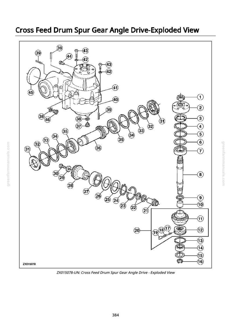 May include: An exploded view diagram of a Cross Feed Drum Spur Gear Angle Drive, with various mechanical components labeled with numbers. The diagram is in black and white, with text at the top and bottom.