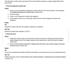 May include: A white document with black text detailing diagnostic trouble codes for control software, specifically addressing supply voltage issues. The document includes instructions and results for troubleshooting.