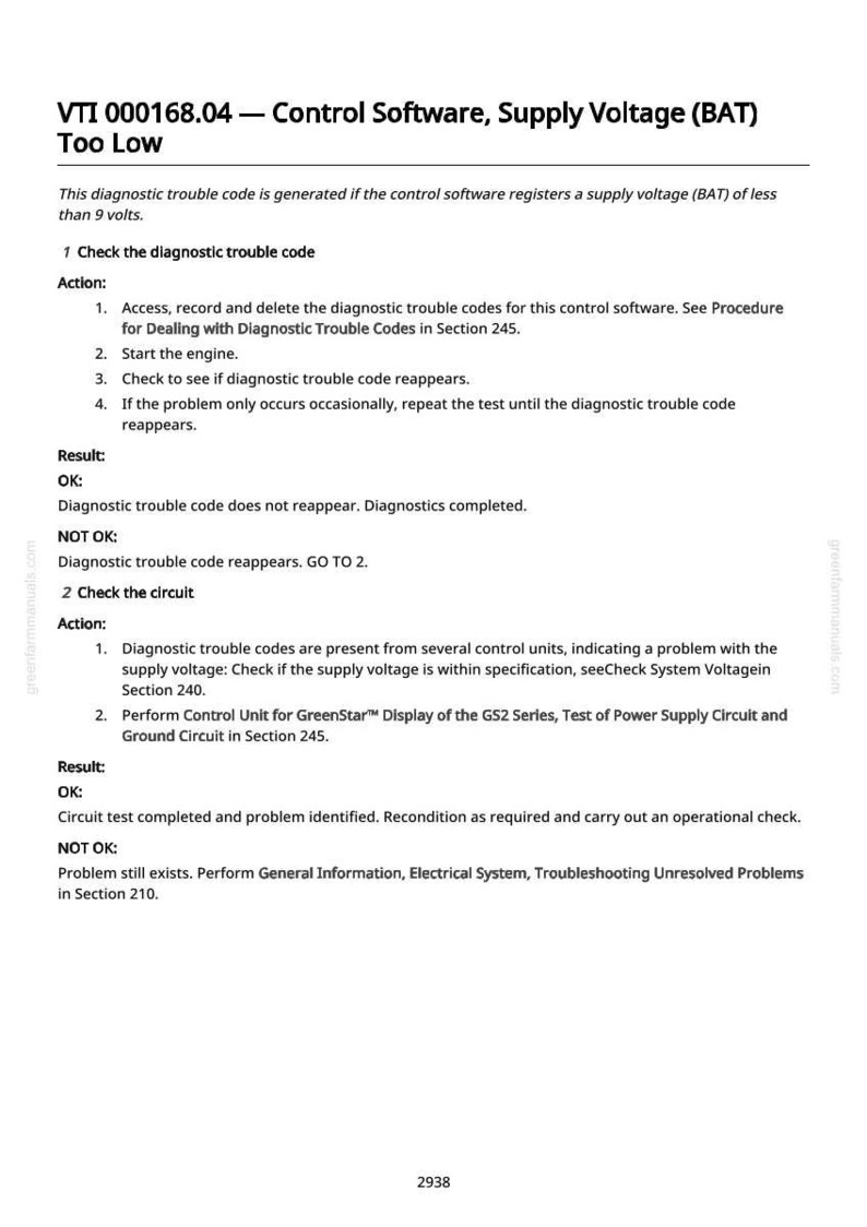 May include: A white document with black text detailing diagnostic trouble codes for control software, specifically addressing supply voltage issues. The document includes instructions and results for troubleshooting.