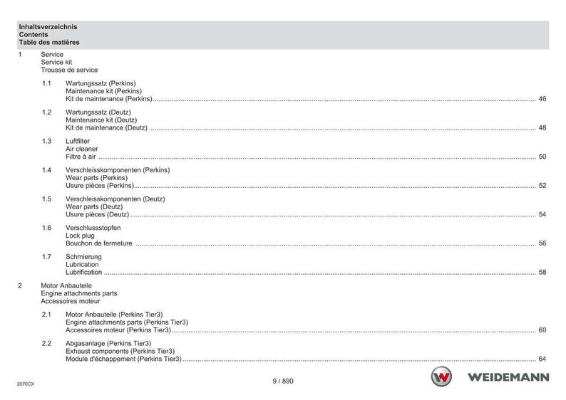 May include: A white and gray document with a table of contents in German, English, and French. The document lists service and engine attachment parts. The Weidemann logo is in the bottom right corner.