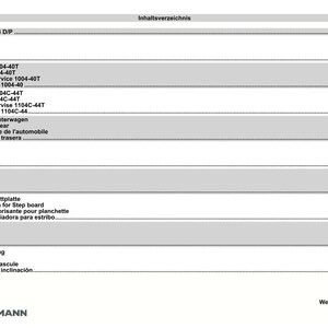May include: A page from a Weidemann 4204 D/P parts manual, featuring a table of contents in German, English, French, and Spanish. The document includes a company logo and page number.