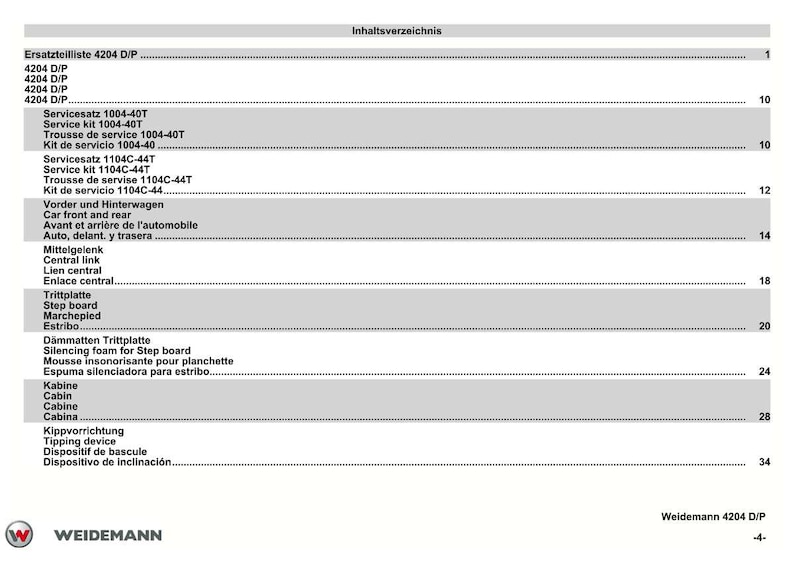 May include: A page from a Weidemann 4204 D/P parts manual, featuring a table of contents in German, English, French, and Spanish. The document includes a company logo and page number.