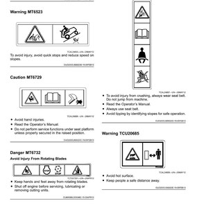 May include: A page of safety labels with warning symbols and text. The labels warn against tipping, crushing, and rotating blades. Instructions include avoiding quick stops, wearing seat belts, and keeping a safe distance.