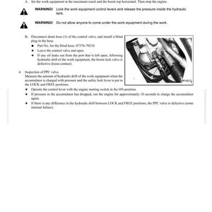 K&ouml;nnte beinhalten: Eine Seite aus einem Handbuch mit dem Titel &bdquo;Testen und Einstellen&ldquo; mit der &Uuml;berschrift &bdquo;Arbeitsausr&uuml;stung &ndash; Hydraulikdrift&ldquo;. Der Text enth&auml;lt Anweisungen zur Inspektion von Ausleger- und PPC-Ventilen, mit einer Diagramm.