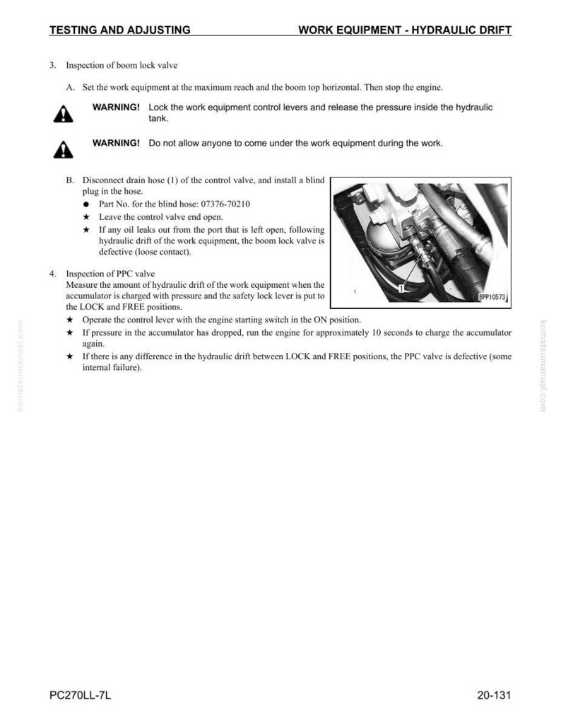 K&ouml;nnte beinhalten: Eine Seite aus einem Handbuch mit dem Titel &bdquo;Testen und Einstellen&ldquo; mit der &Uuml;berschrift &bdquo;Arbeitsausr&uuml;stung &ndash; Hydraulikdrift&ldquo;. Der Text enth&auml;lt Anweisungen zur Inspektion von Ausleger- und PPC-Ventilen, mit einer Diagramm.
