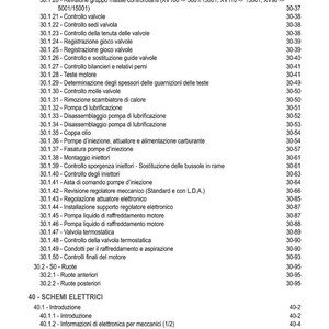 Pu&ograve; includere: Una pagina di manuale con un indice di termini e procedure tecniche, inclusi componenti del motore e schemi elettrici. Il testo &egrave; in nero su sfondo bianco, con numeri di pagina a destra.