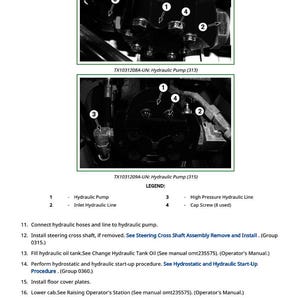 May include: Black and white diagram of a hydraulic pump, labeled with numbers and arrows. The image includes a legend identifying parts like the hydraulic pump, inlet hydraulic line, and cap screw. Text at the bottom provides instructions.