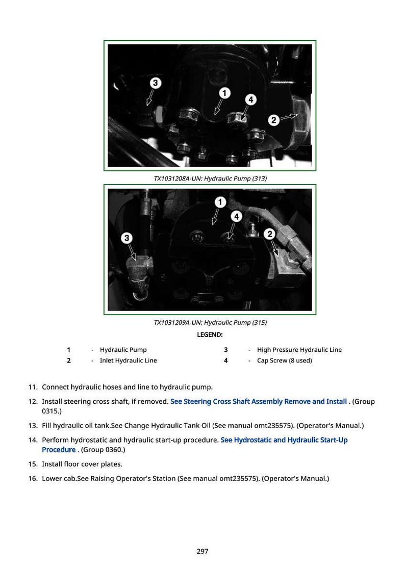 May include: Black and white diagram of a hydraulic pump, labeled with numbers and arrows. The image includes a legend identifying parts like the hydraulic pump, inlet hydraulic line, and cap screw. Text at the bottom provides instructions.