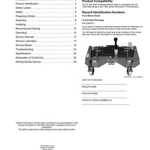 May include: A manual page with the title "Contents" and a detailed table of contents. The page includes product identification information, record identification numbers, and an illustration of a 72-inch rear discharge mower deck.