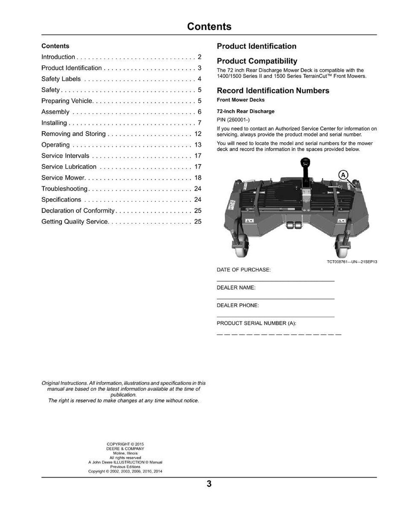 May include: A manual page with the title "Contents" and a detailed table of contents. The page includes product identification information, record identification numbers, and an illustration of a 72-inch rear discharge mower deck.