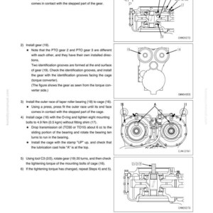 May include: Diagram of a PTO (Power Take-Off) system assembly, with detailed illustrations of gears, bearings, and related components. Includes labels and instructions for installation and maintenance, with measurements in Nm and cc.