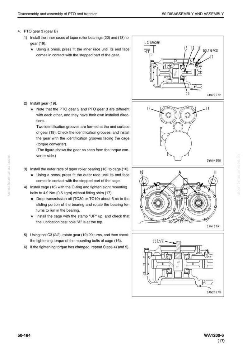 May include: Diagram of a PTO (Power Take-Off) system assembly, with detailed illustrations of gears, bearings, and related components. Includes labels and instructions for installation and maintenance, with measurements in Nm and cc.