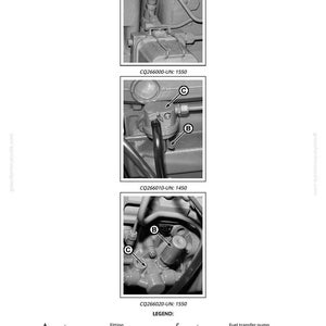 May include: Black and white diagram of a fuel transfer pump with close-up views of fittings and levers. The diagram includes labels A, B, and C, and the text "CQ266000-UN: 1550", "CQ266010-UN: 1450", and "CQ266020-UN: 1550".