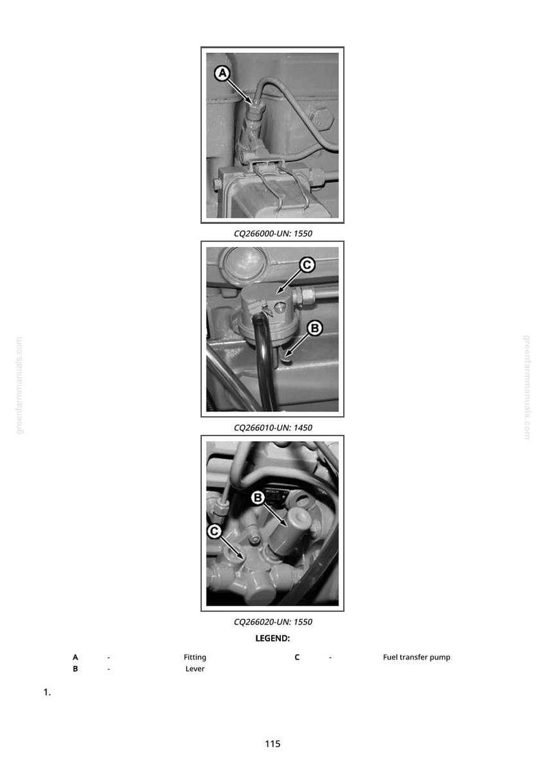 May include: Black and white diagram of a fuel transfer pump with close-up views of fittings and levers. The diagram includes labels A, B, and C, and the text "CQ266000-UN: 1550", "CQ266010-UN: 1450", and "CQ266020-UN: 1550".