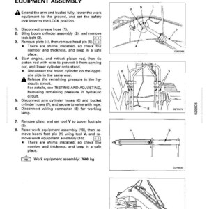 Puede incluir: Diagrama de un manual que detalla el desmontaje y montaje de equipos de trabajo. La imagen incluye pasos numerados, diagramas de componentes mec&aacute;nicos e instrucciones de texto. El texto incluye la frase "Work equipment assembly: 7600 kg".