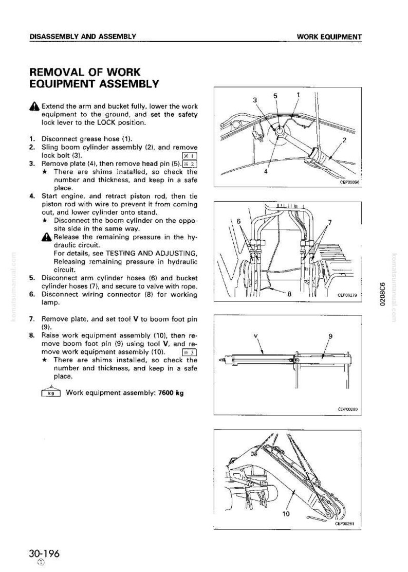 Puede incluir: Diagrama de un manual que detalla el desmontaje y montaje de equipos de trabajo. La imagen incluye pasos numerados, diagramas de componentes mec&aacute;nicos e instrucciones de texto. El texto incluye la frase "Work equipment assembly: 7600 kg".