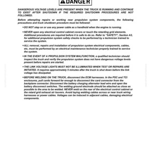 May include: A white page with safety instructions for truck maintenance. The top of the page has a red and black "DANGER" warning. Text details precautions, including not stepping on power cables and disconnecting ECM harnesses before welding.