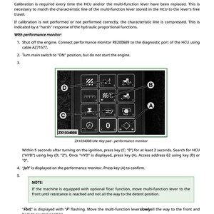 Op de afbeelding: Afbeelding van een bedieningspaneel met meerdere knoppen en een digitaal display. Het paneel is zwart met witte pictogrammen en tekst. Instructies voor het kalibreren van een multifunctionele hendel zijn ook inbegrepen.