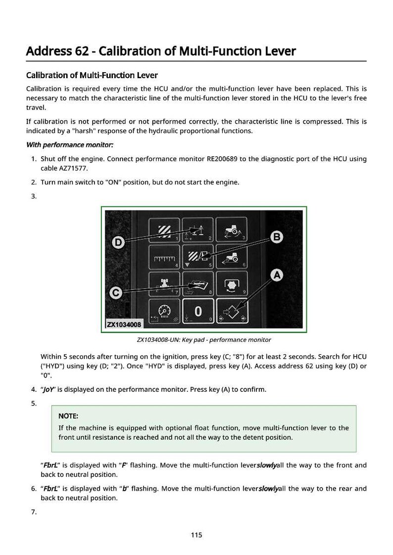 Op de afbeelding: Afbeelding van een bedieningspaneel met meerdere knoppen en een digitaal display. Het paneel is zwart met witte pictogrammen en tekst. Instructies voor het kalibreren van een multifunctionele hendel zijn ook inbegrepen.