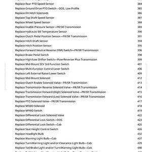 May include: A white page with a list of automotive part names and corresponding numbers. The text includes terms like "Replace Engine Control Unit," "Replace Brake Pedal Switch," and "Replace Differential Lock Solenoid Valve."