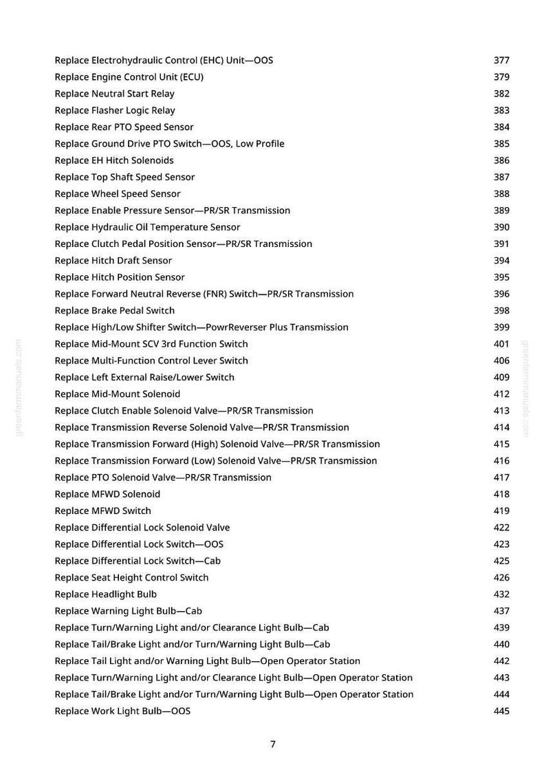 May include: A white page with a list of automotive part names and corresponding numbers. The text includes terms like "Replace Engine Control Unit," "Replace Brake Pedal Switch," and "Replace Differential Lock Solenoid Valve."