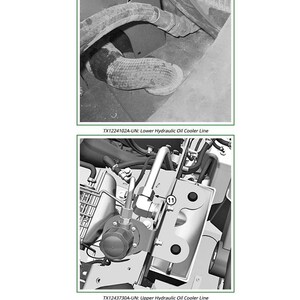 May include: Two images showing hydraulic oil cooler lines. The top image shows a curved line with the text "TX1224102A-UN: Lower Hydraulic Oil Cooler Line". The bottom image shows a more complex assembly with the text "TX1243730A-UN: Upper Hydraulic Oil Cooler Line".