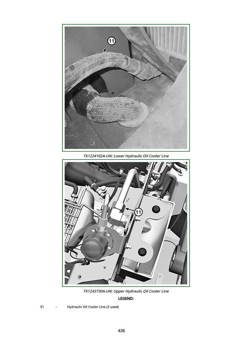 May include: Two images showing hydraulic oil cooler lines. The top image shows a curved line with the text "TX1224102A-UN: Lower Hydraulic Oil Cooler Line". The bottom image shows a more complex assembly with the text "TX1243730A-UN: Upper Hydraulic Oil Cooler Line".