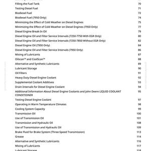 May include: A page from a manual with a list of topics related to diesel engines and their maintenance. Topics include fuel, oil, coolants, and other engine components. The page has a white background with black text and a green logo.