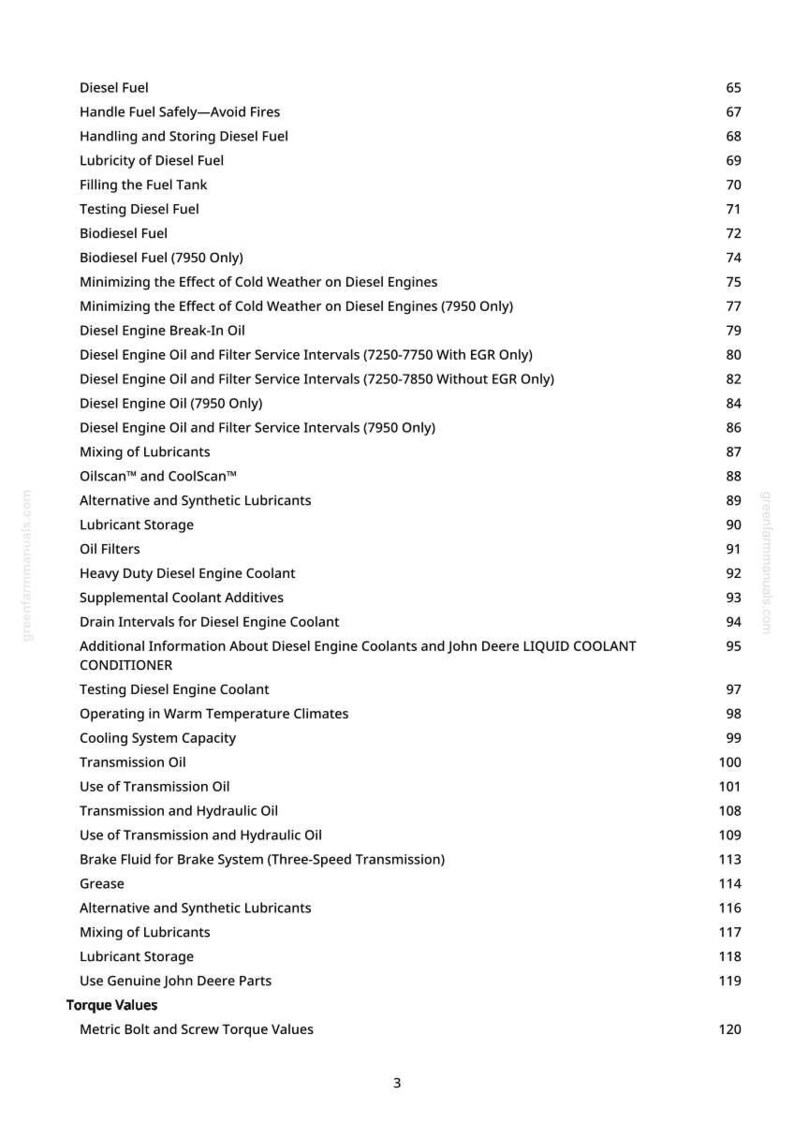 May include: A page from a manual with a list of topics related to diesel engines and their maintenance. Topics include fuel, oil, coolants, and other engine components. The page has a white background with black text and a green logo.