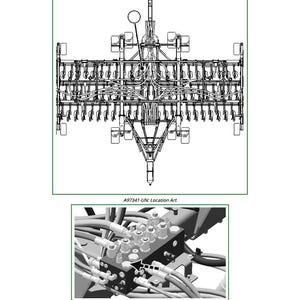 Puede incluir: Diagrama detallado de una m&aacute;quina agr&iacute;cola, posiblemente una sembradora, con numerosos tubos y componentes. La vista superior muestra la estructura general, mientras que la imagen inferior detalla las conexiones hidr&aacute;ulicas. Texto: "A97341-UN: Location Art" y "A97702-UN: Machine Graphic".