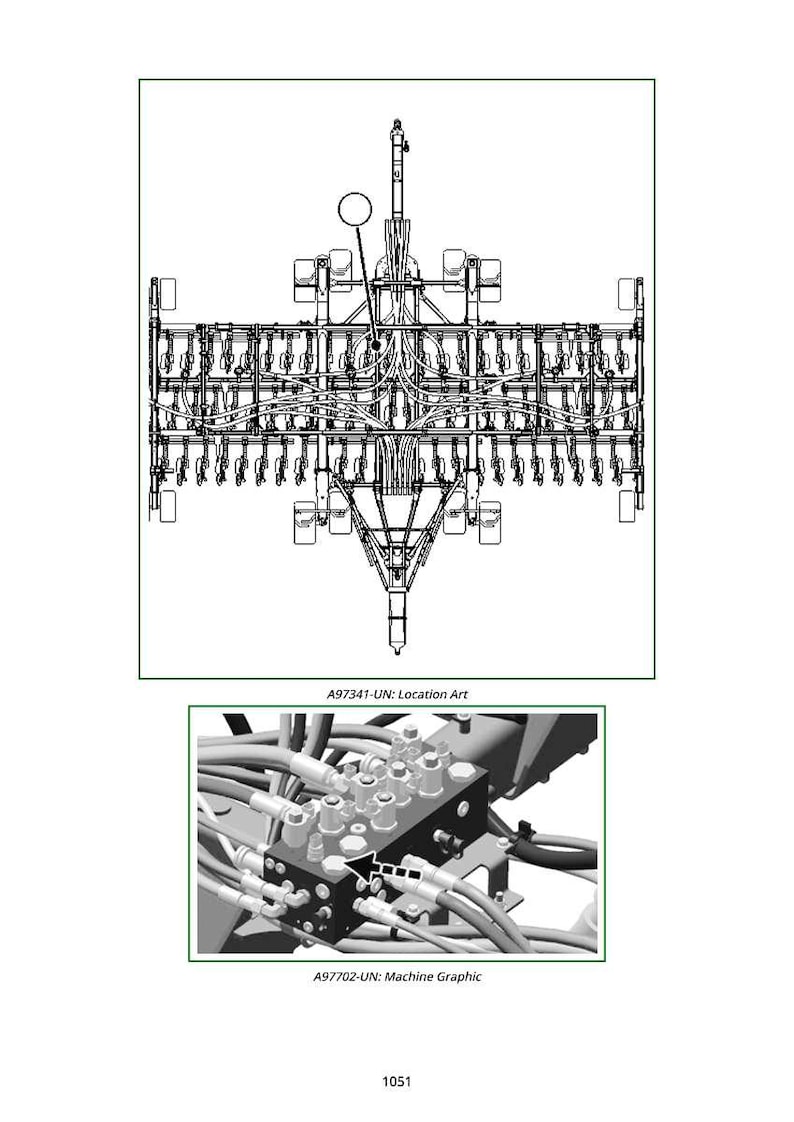 Puede incluir: Diagrama detallado de una m&aacute;quina agr&iacute;cola, posiblemente una sembradora, con numerosos tubos y componentes. La vista superior muestra la estructura general, mientras que la imagen inferior detalla las conexiones hidr&aacute;ulicas. Texto: "A97341-UN: Location Art" y "A97702-UN: Machine Graphic".