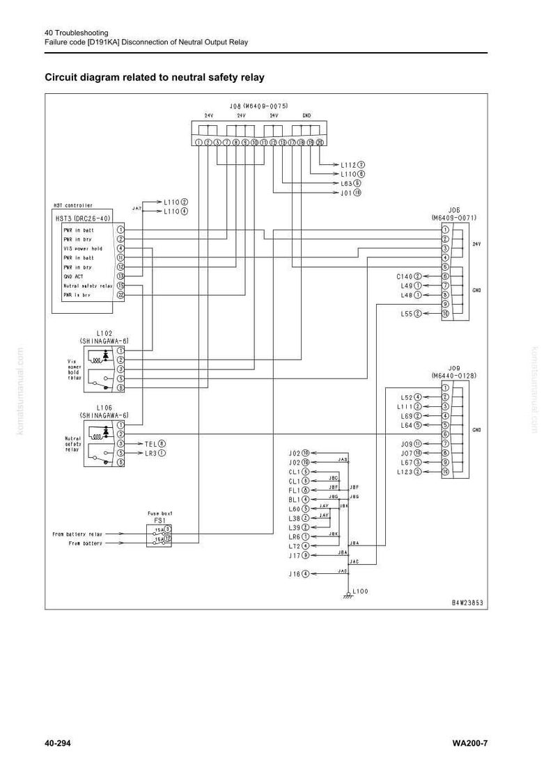 May include: A detailed circuit diagram related to a neutral safety relay, with text labels and connection lines. The diagram includes components like relays, fuses, and connectors, with voltage specifications.