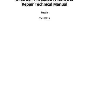 May include: A white manual titled "D450 Self-Propelled Windrower Repair Technical Manual." The text "Repair" and "TM108819" are also visible. Published on 23 July 2019.