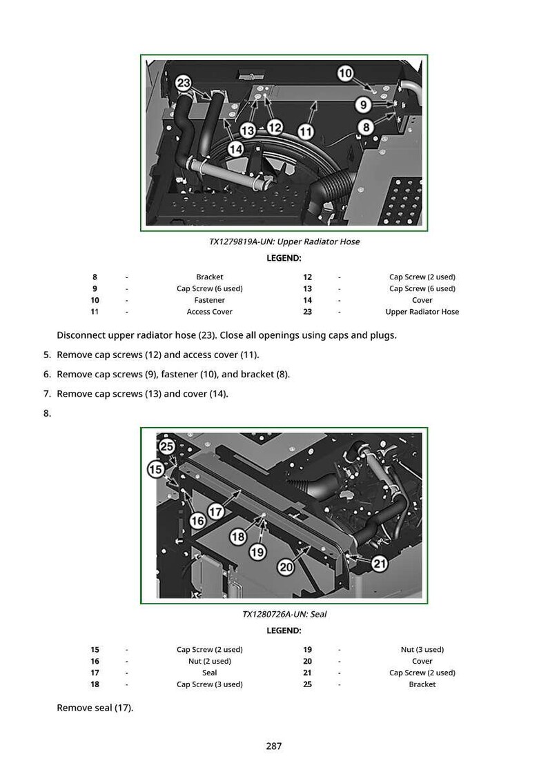 K&ouml;nnte beinhalten: Diagramm von Fahrzeugmotorkomponenten, einschlie&szlig;lich eines K&uuml;hlerschlauchs, Halterungen, Schrauben und einer Dichtung. Das Bild enth&auml;lt Beschriftungen und eine Legende f&uuml;r jedes Teil mit dem Text "TX1279819A-UN: Upper Radiator Hose" und "TX1280726A-UN: Seal".