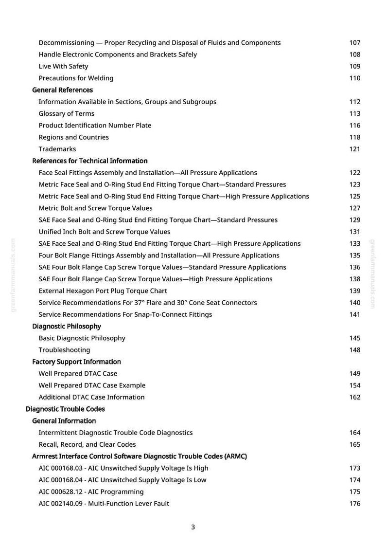 K&ouml;nnte beinhalten: Eine Manuellseite mit einem Inhaltsverzeichnis. Der Text umfasst Themen wie "Face Seal Fittings Assembly", "Drehmomenttabellen" und "Diagnostic Trouble Codes". Die Seitenzahl ist 3.