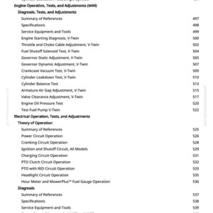 K&ouml;nnte beinhalten: Eine Manuellseite mit Inhaltsverzeichnis. Es listet Motortests, Einstellungen und elektrische Funktionen auf. Seitenzahlen sind rechts. Das Handbuch ist f&uuml;r ein greenfarmmanuals.com Produkt.