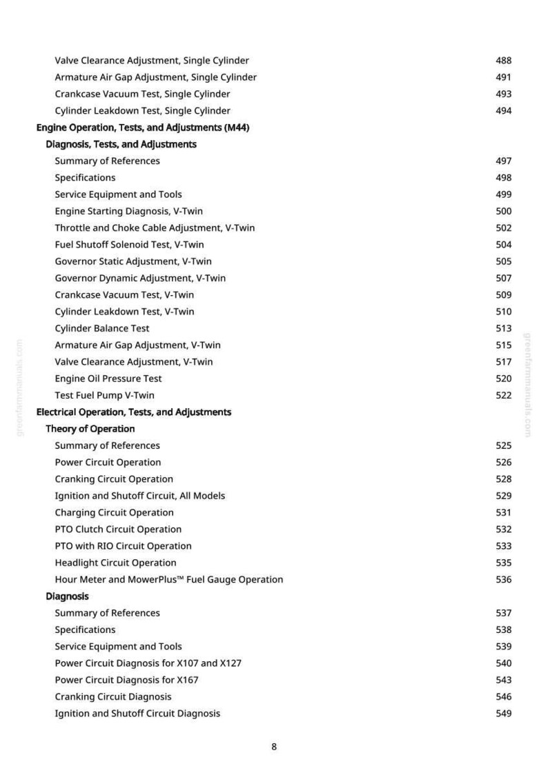 K&ouml;nnte beinhalten: Eine Manuellseite mit Inhaltsverzeichnis. Es listet Motortests, Einstellungen und elektrische Funktionen auf. Seitenzahlen sind rechts. Das Handbuch ist f&uuml;r ein greenfarmmanuals.com Produkt.