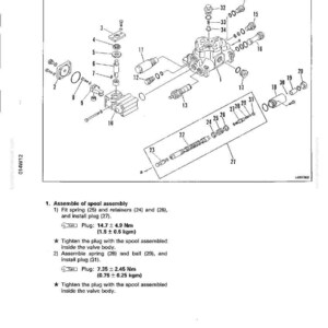 May include: Diagram of a main control valve assembly, with various components labeled. The image includes text detailing the assembly of the spool assembly, including plug torque specifications of 14.7 &plusmn; 4.9 Nm (1.5 &plusmn; 0.5 kgm).