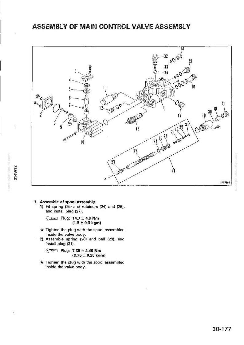 May include: Diagram of a main control valve assembly, with various components labeled. The image includes text detailing the assembly of the spool assembly, including plug torque specifications of 14.7 &plusmn; 4.9 Nm (1.5 &plusmn; 0.5 kgm).