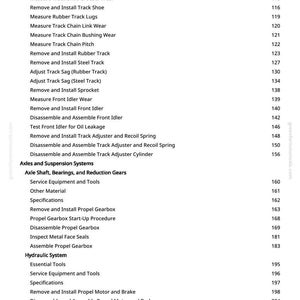 May include: A manual page detailing machinery maintenance procedures. Topics include track wear, gearbox, and hydraulic systems. The text is in black font, with page numbers on the right.