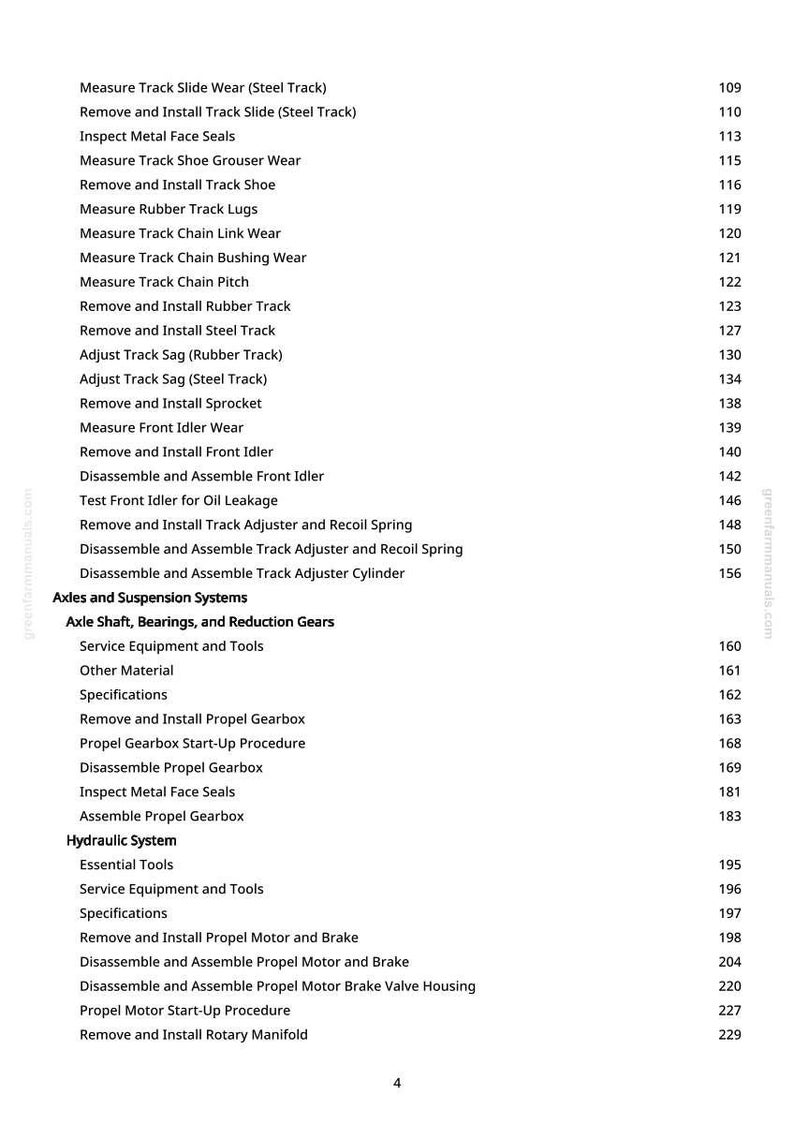 May include: A manual page detailing machinery maintenance procedures. Topics include track wear, gearbox, and hydraulic systems. The text is in black font, with page numbers on the right.