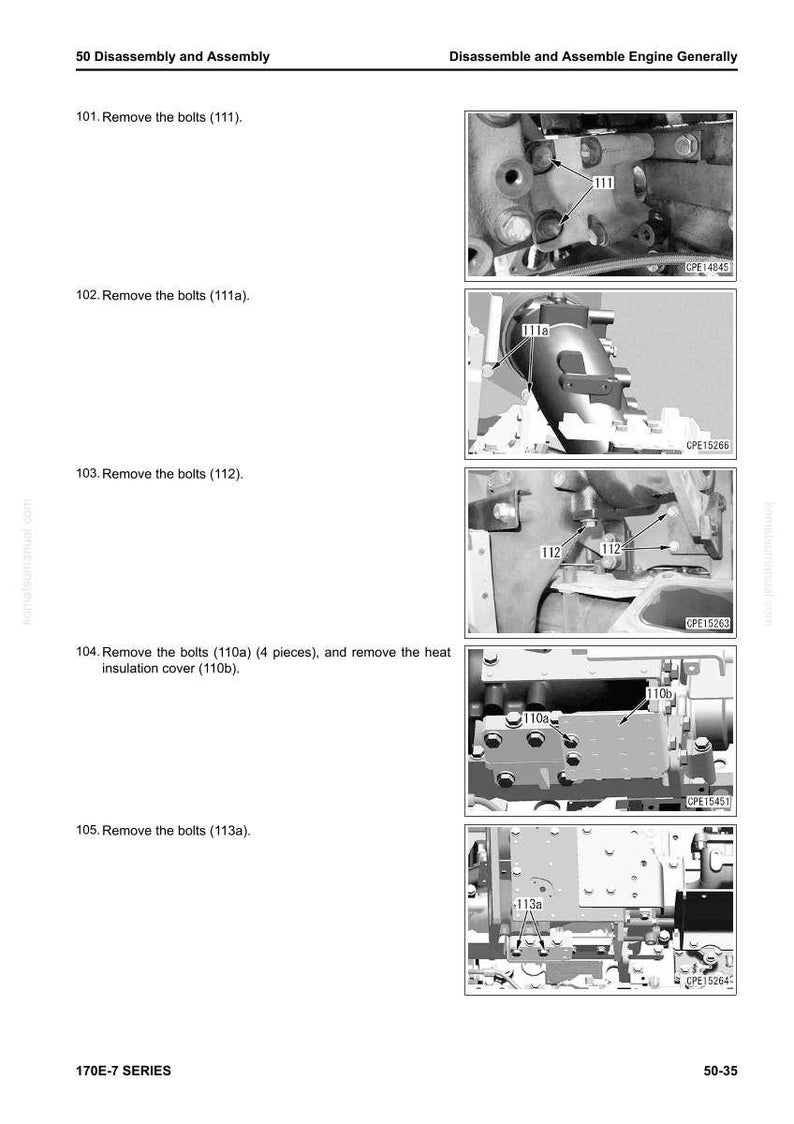 May include: A page from a manual detailing engine disassembly and assembly. The image shows close-up diagrams with arrows pointing to bolts and components labeled with numbers like 111, 111a, 112, 110a, 110b, and 113a. The text reads "Disassemble and Assemble Engine Generally."
