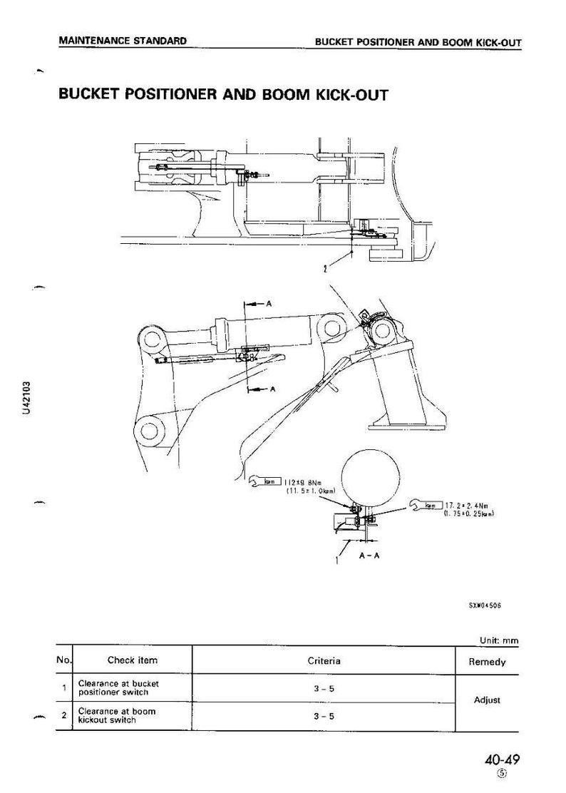 Puede incluir: Diagrama t&eacute;cnico titulado "Bucket Positioner and Boom Kick-Out" con dibujos mec&aacute;nicos detallados. Incluye medidas en mm y una tabla con elementos de verificaci&oacute;n, criterios e informaci&oacute;n de correcci&oacute;n. El diagrama es en blanco y negro.