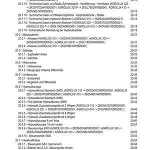 Puede incluir: Un &iacute;ndice detallado en texto negro sobre fondo blanco. El documento enumera datos t&eacute;cnicos, componentes del motor y procedimientos de diagn&oacute;stico para una m&aacute;quina, incluidos sistemas hidr&aacute;ulicos y calibraciones el&eacute;ctricas.