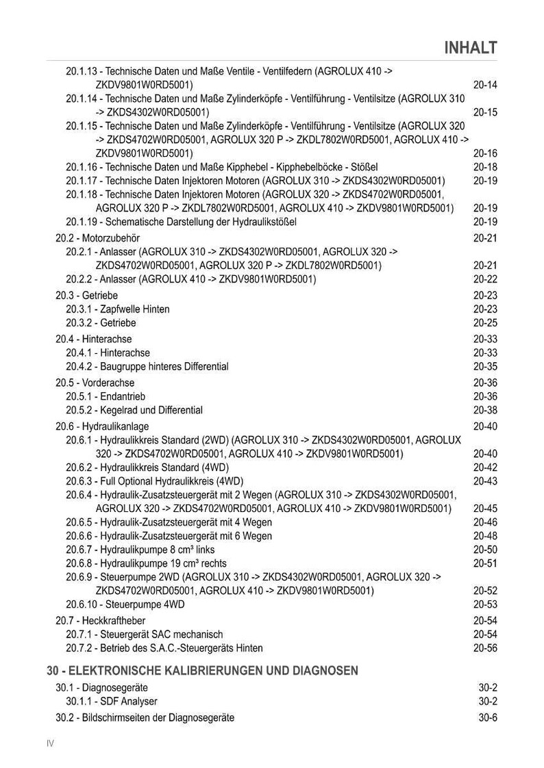 Puede incluir: Un &iacute;ndice detallado en texto negro sobre fondo blanco. El documento enumera datos t&eacute;cnicos, componentes del motor y procedimientos de diagn&oacute;stico para una m&aacute;quina, incluidos sistemas hidr&aacute;ulicos y calibraciones el&eacute;ctricas.
