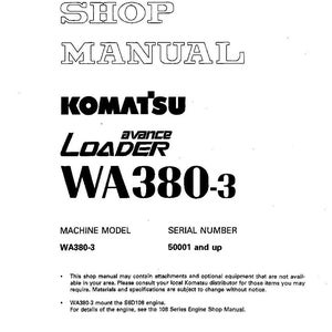 May include: A white shop manual with the text "SHOP MANUAL" at the top. Below, the Komatsu logo and "avance LOADER WA380-3" are displayed. The manual includes machine model and serial number information.
